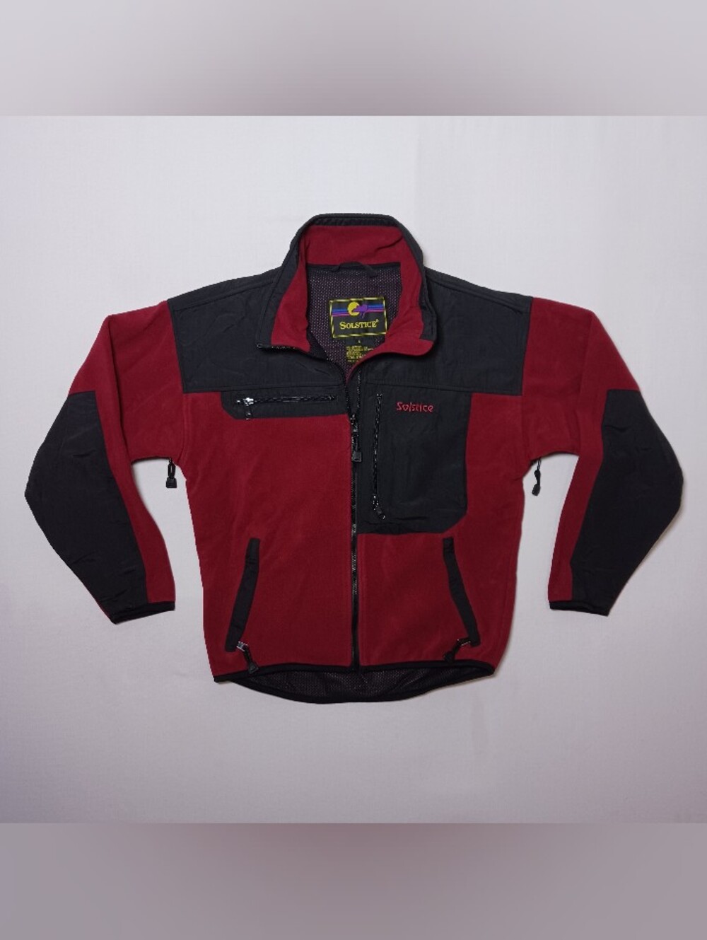 Vintage Soltice Mens Winter Fleece Zip Up Jacket Small Red Black Nylon Paneling